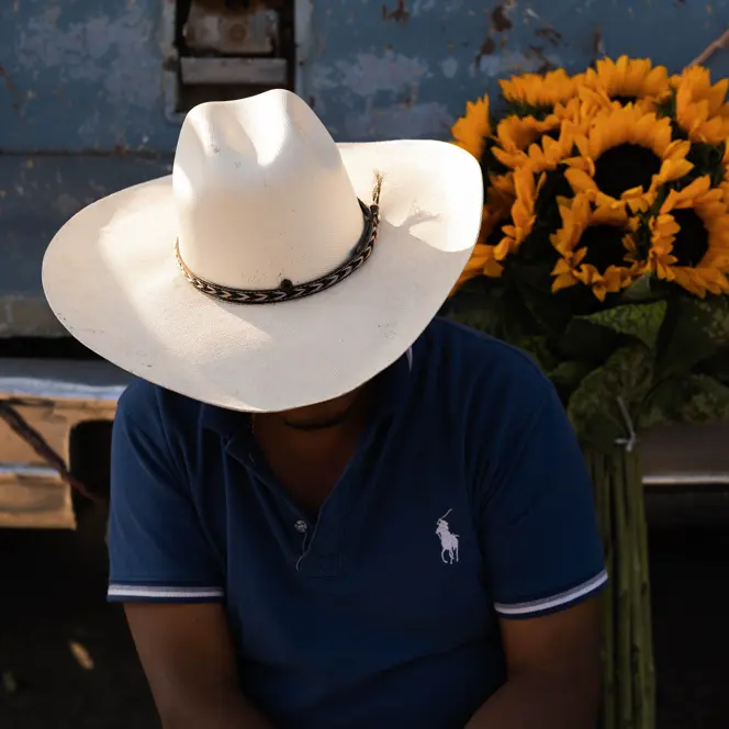 Man in a white cowboy hat sitting beside bright sunflowers and a weathered truck, capturing rural character, color and everyday life.