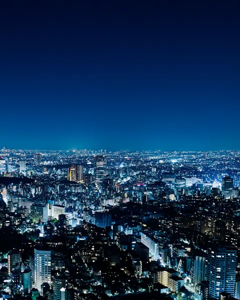 Panorama of an illuminated city at night.
