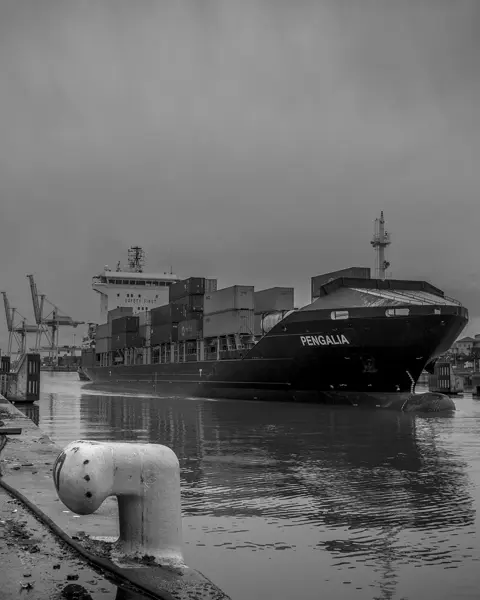 Container ship in the harbour, surrounded by cranes and containers