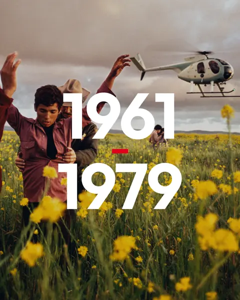 Attack in the flower field, helicopter in the sky - 1961 - 1979 in foreground