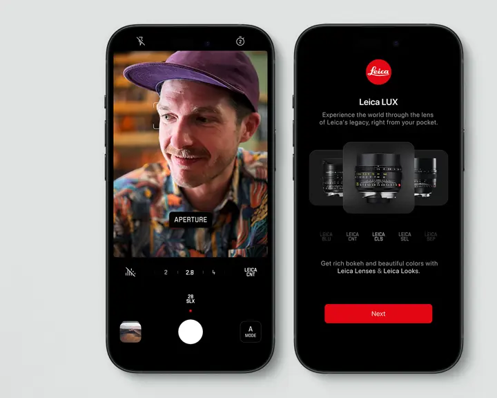 An iPhone displaying a preview of the Leica Lux app on its screen