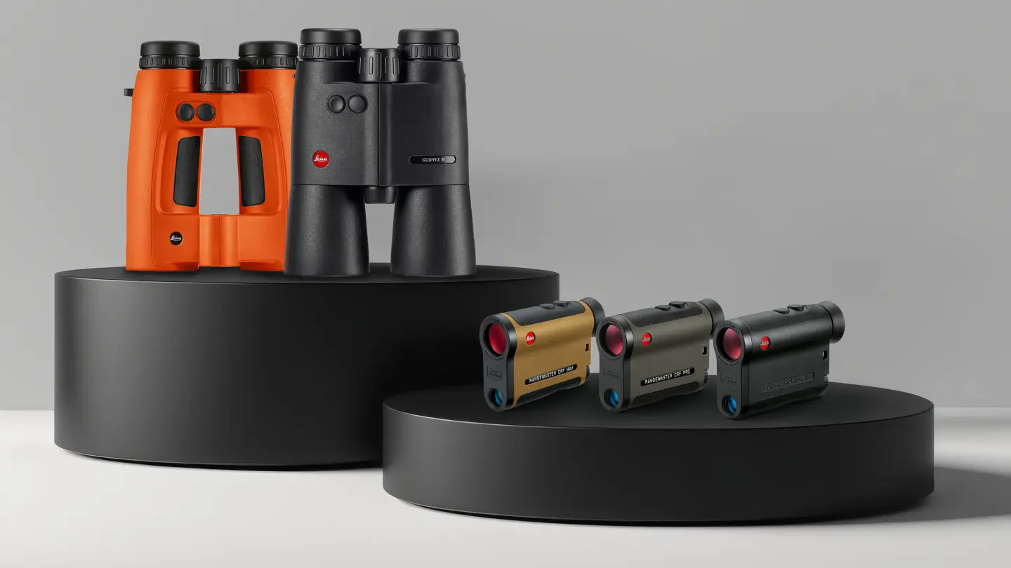 Leica Geovid and Rangemaster CRF range standing on a display