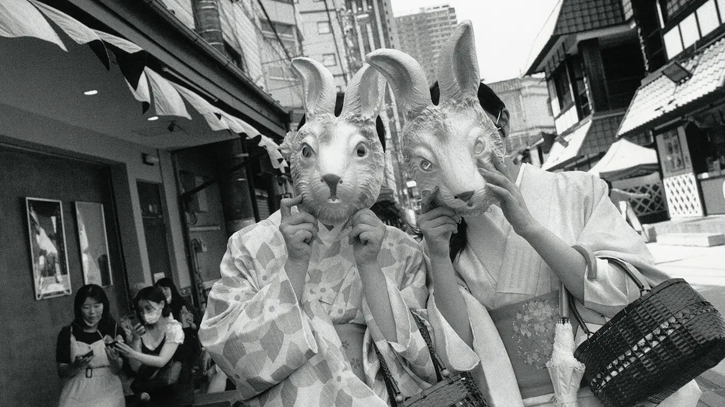 Two people with rabbit head masks