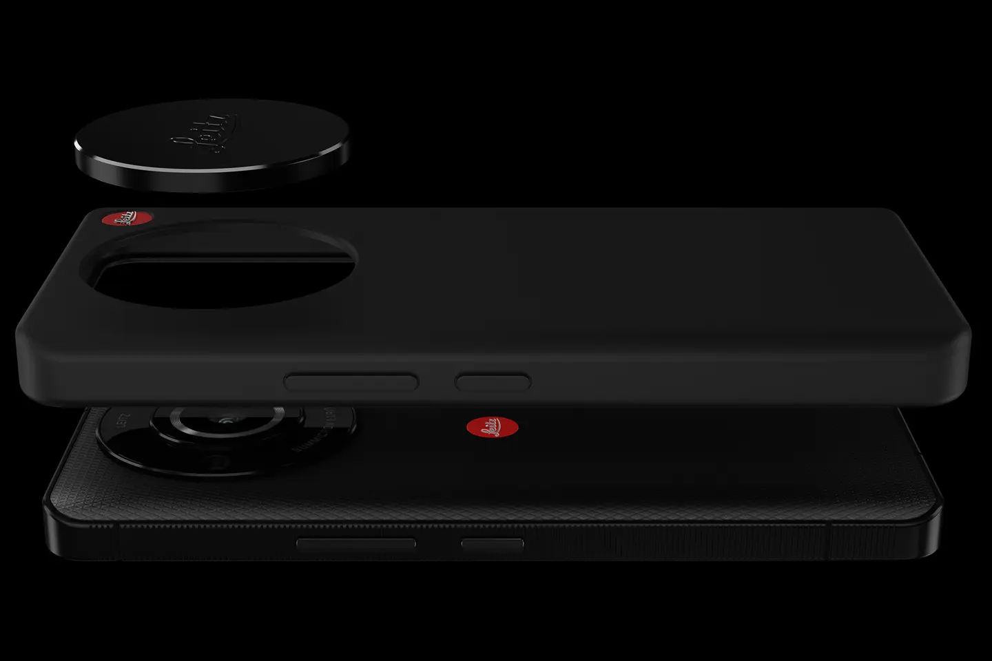 Components of the Leitz smartphone, such as the device and camera case, float above each other.