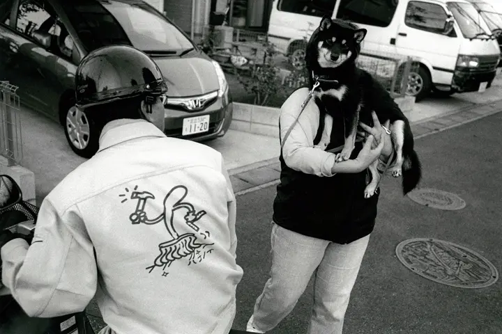 Woman with dog in her arms covering her face