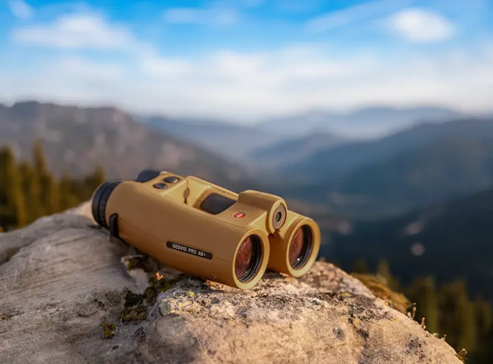 The Geovid Pro AB+ lies on rocky ground, with a mountain landscape looming in the background.
