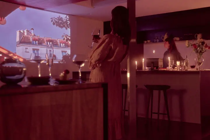 Leica Cine Play 1 projection on wall inside a house.