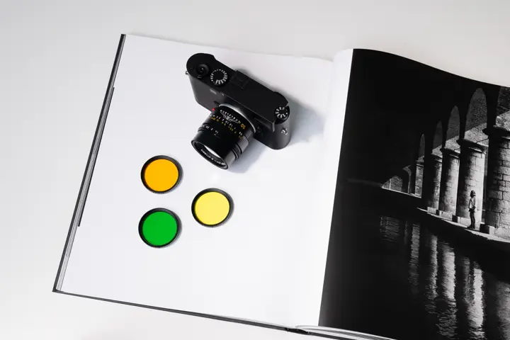 Leica M11 Monochrom and color filters on a table.