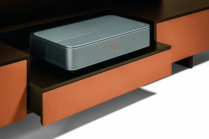 Leica Cine 1 on a Fidelio Mulitmedia Cabinet in orange.