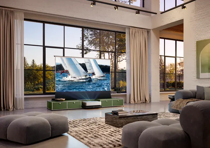 Leica Cine 1 on a USM TV lowboard showing sailingboads on the Leica Screen.