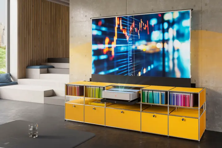 USM sideboard in yellow and leica Cine 1 in a living room