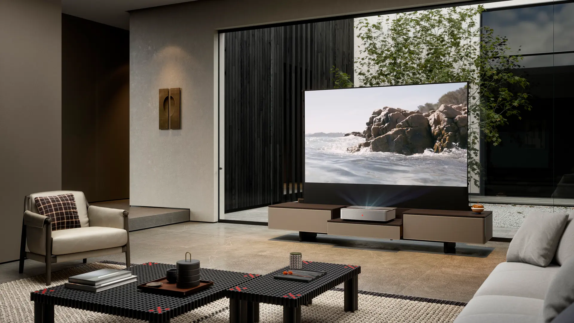 Living room with Leica Cine 1 on Poltrona Frau