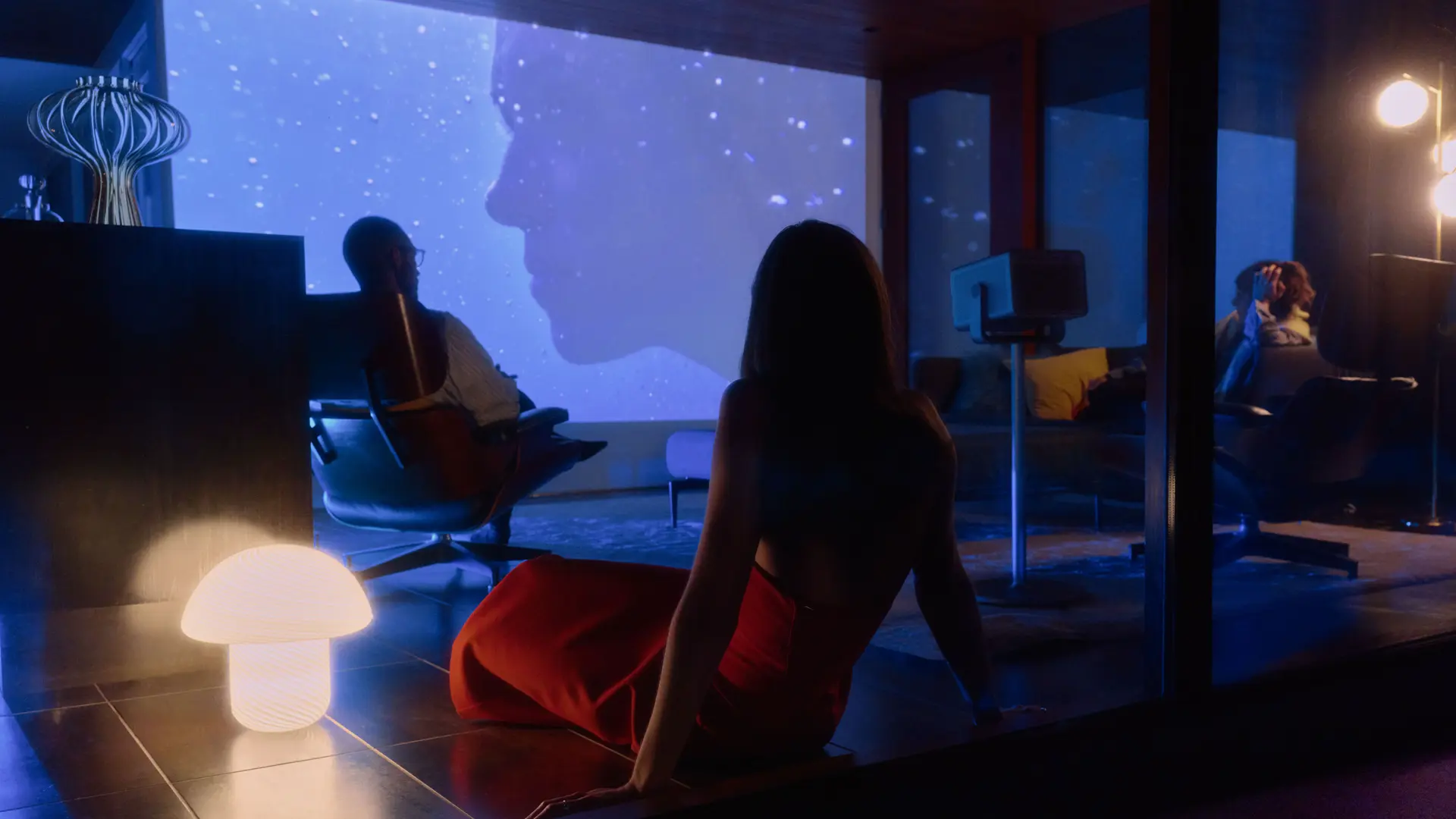 Watching a movie on Leica Cine Play 1. Blue atmospheric light